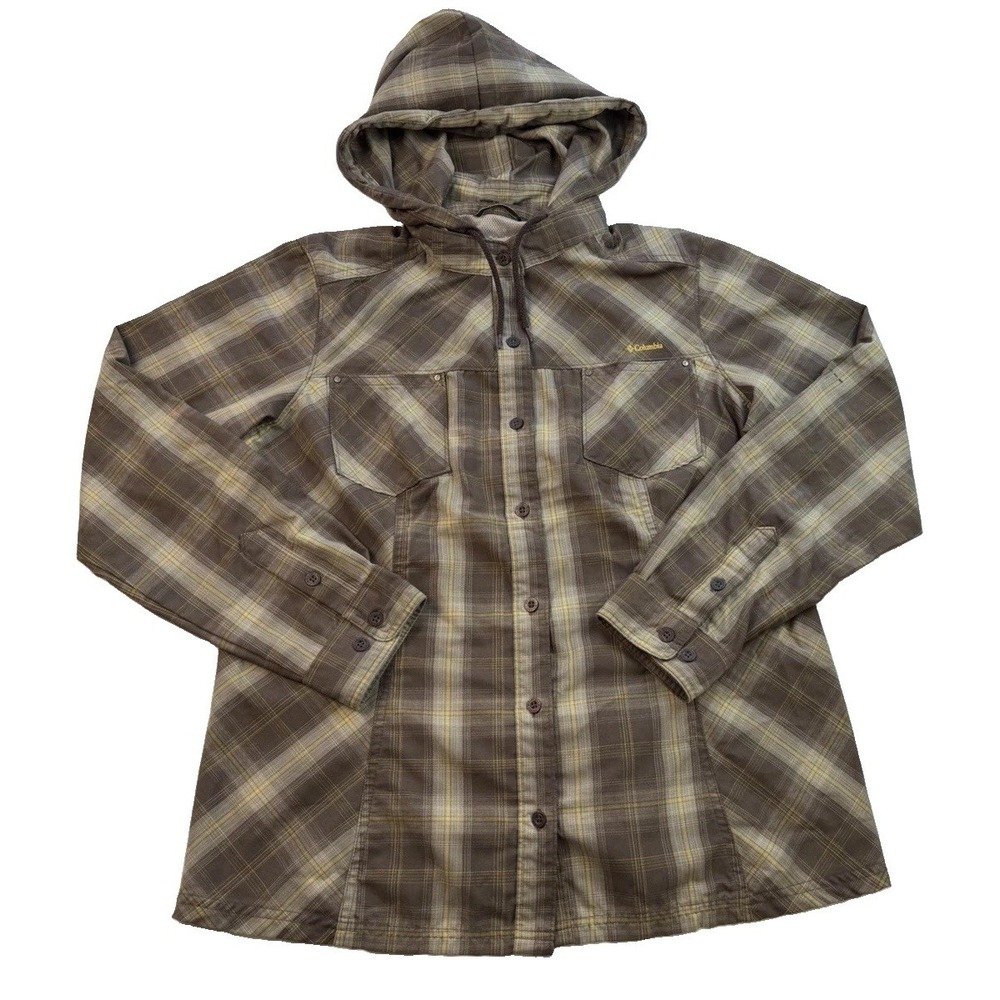 Columbia Titanium Women's XL Plaid Hooded Shirt Jacket Roll Tab Outdoor Hiking